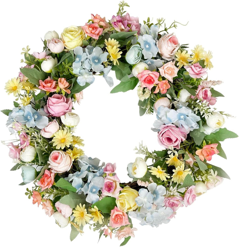 16'' Wreath - Artificial Wreath for Front Door - Flower Wreath with Rose and Hydrangea - Floral Wreath for All Seasons Door Wall Window Festival Farmhouse