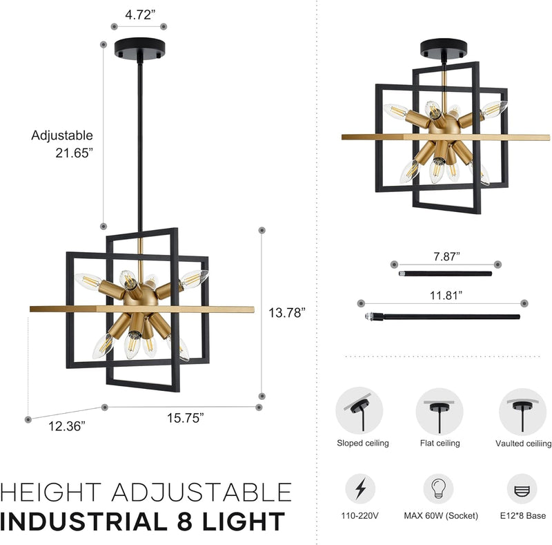 15.8'' Black Gold 8-Light Sputnik Chandelier Modern Industrial Adjustable Hanging Geometric Pendant Light Fixture for Entryway Foyer Stairway Hallway Bedroom Living Room Kitchen Island