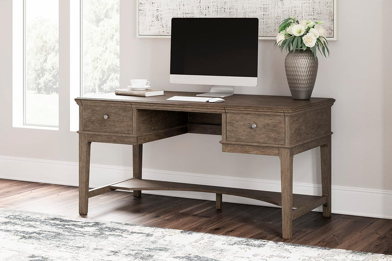 Ashley Furniture Signature Design by Ashley Janismore Traditional Home Office Storage Leg Desk with 2 Drawers and USB Charging Ports in Weathered Gray Engineered Wood