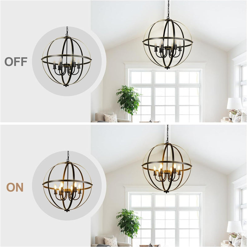 DLLT 6-Light Orb Chandelier, Black and Gold Globe Pendant Lights, Industrial Sphere Pendant Lighting over Island, Adjustable Hanging Light with Metal Cage for Dining Room Foyer, E12 Bulbs Not Included