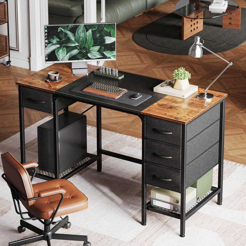 47 Inch Computer Desk with 4 Drawers, Office Desk with Mesh Shelf, Gaming Desk, Large Storage, Writing Desk Work Desk for Home Office, Study, Bedroom, Work from Home, Rustic Brown and Black