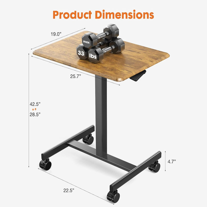 DUMOS Rolling Desk Adjustable Height, Mobile Desk with Wheels Lockable Rust Brown Mobile Laptop Desk Small Standing Desk for Office, Home and Study