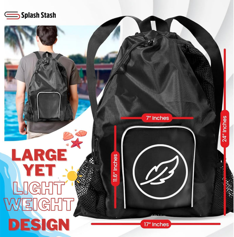 Beach Bag Drawstring Mesh Backpack | for Gym, Swimming, Pool, Sports, Equipment Swim Bag | Wet Bag with Wet & Dry Compartments, Waterproof, Durable | Women/Men | Large 24" Black