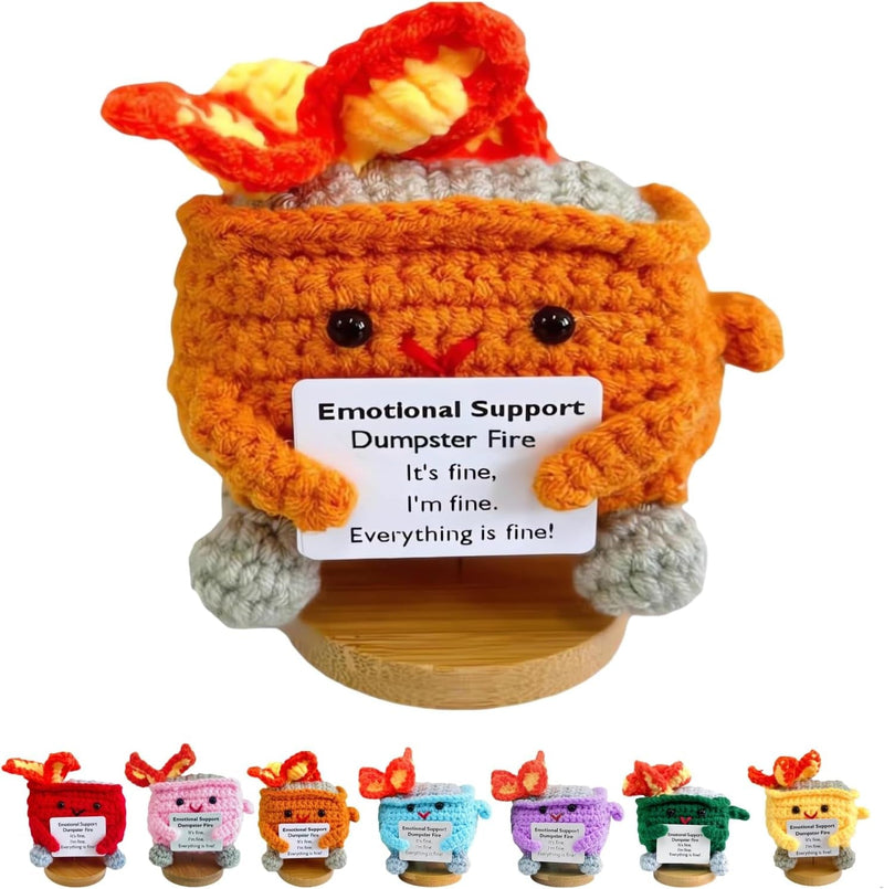 Emotional Support Dumpster- Handmade Crochet Dumpster Fire Doll, Christmas Dumpster Fire Knitting Toy Ornaments with Positive Card, Handmade Emotional Support Crochet Gift Desk Decor (Green)