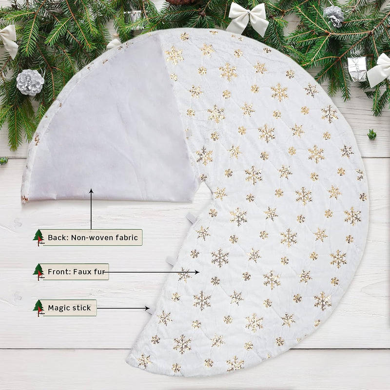 COOLWUFAN 48 Inches Christmas Tree Skirt for Xmas Tree Holiday Party Decoration White Plush Gold Sequin Snowflake (Gold)