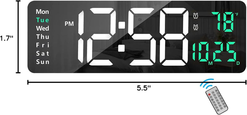 16.2" LED Digital Wall Clock with Remote, Auto Brightness, Alarm/Date/Temp/Week Display, 12/24Hr Format - Green