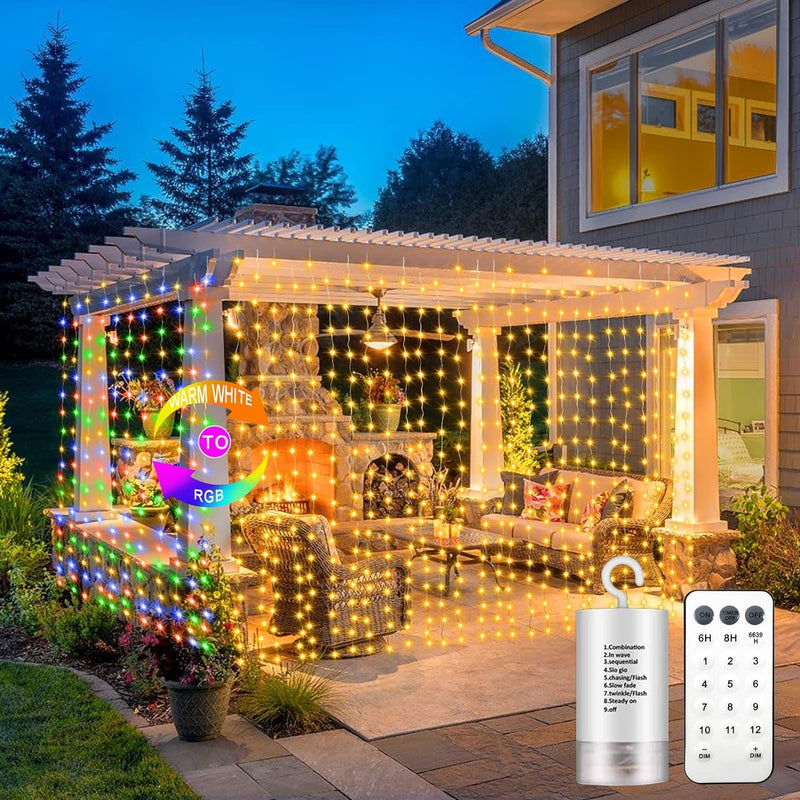 Echosari 300 LED Curtain Lights Battery Operated, 9.8Ft×9.8Ft Hanging Lights with Remote Timer Fairy Curtain Lights for Bedroom Patio Wedding Backdrop Party Decór (Warm White)