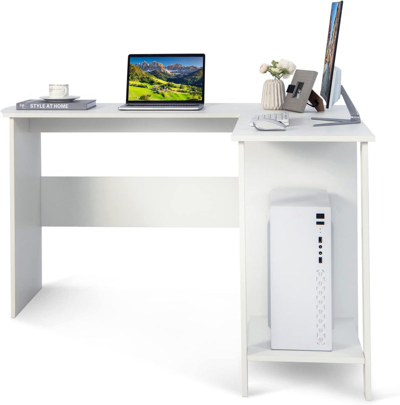 COSTWAY White L-Shaped Desk, 51” Modern Simple Style Writing Desk W/Storage Shelves, 2 Cable Management Holes, Space-Saving Design, Corner Computer Desk for Home, Office, White