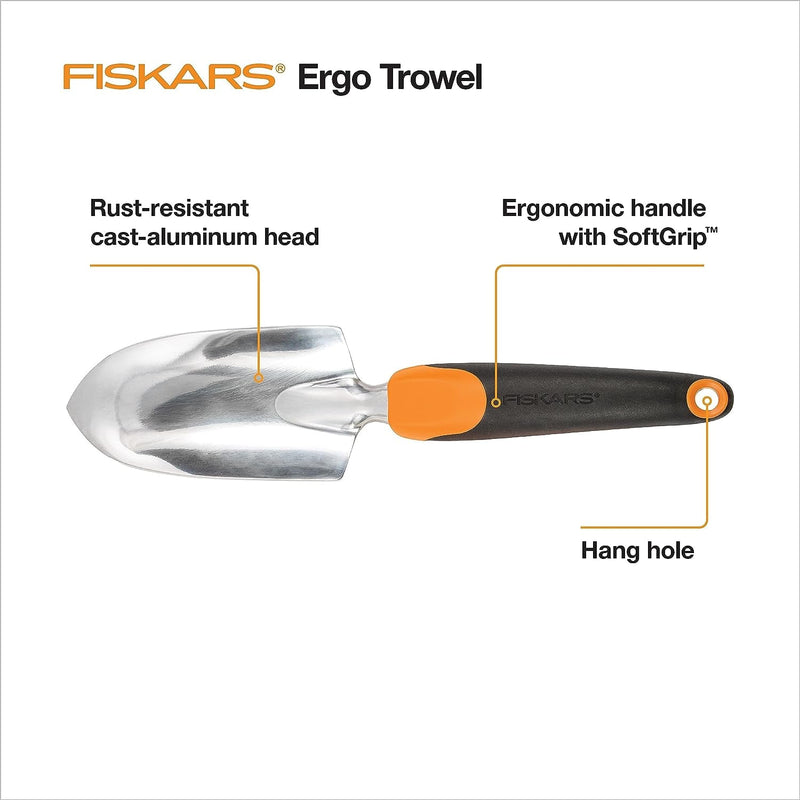 Fiskars Trowel - Heavy Duty Gardening Hand Tool with Hang Hole - for Digging and Planting - Rust Resistant Cast Aluminum - Ergonomic Handle and Comfort Grip - Gardening Tools for Yard