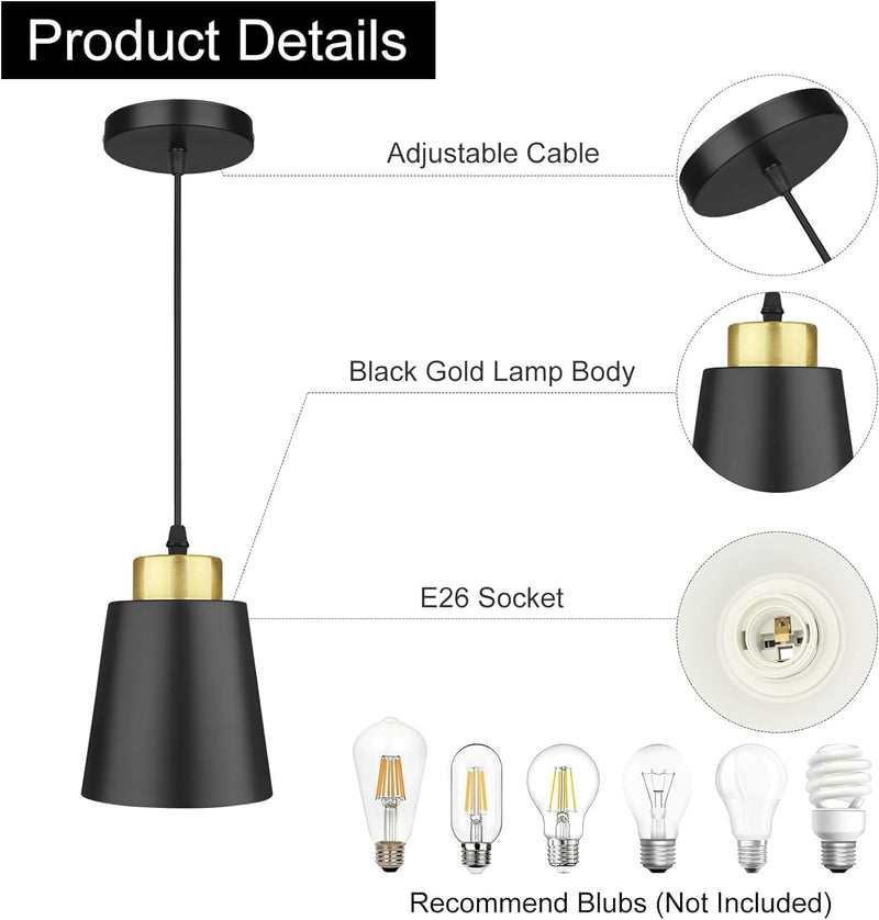 Black Pendant Lights for Kitchen Island, 3 Pack Farmhouse Pendant Lighting Fixtures with Metal Shade, Adjustable Cord Industrial Hanging Ceiling Light for Dining Room Hallway Bar Foyer