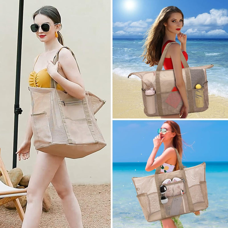 Eslcorri Mesh Beach Tote - Extra Large Beach Bag with 11 Pockets Foldable Tote Bag Women Oversized Pool Bag Travel Essentials