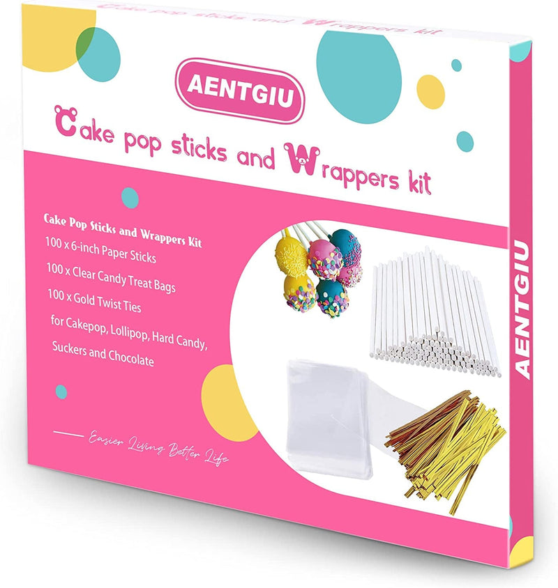 300 PCS Cake Pop Sticks and Wrappers Kit, Including 100Ct 6-Inch Paper Lollipop Sticks, 100Ct Clear Candy Treat Bags Parcel, 100Ct Gold Twist Ties for Cakepop, Lollipop, Hard Candy, Suckers, Chocolate