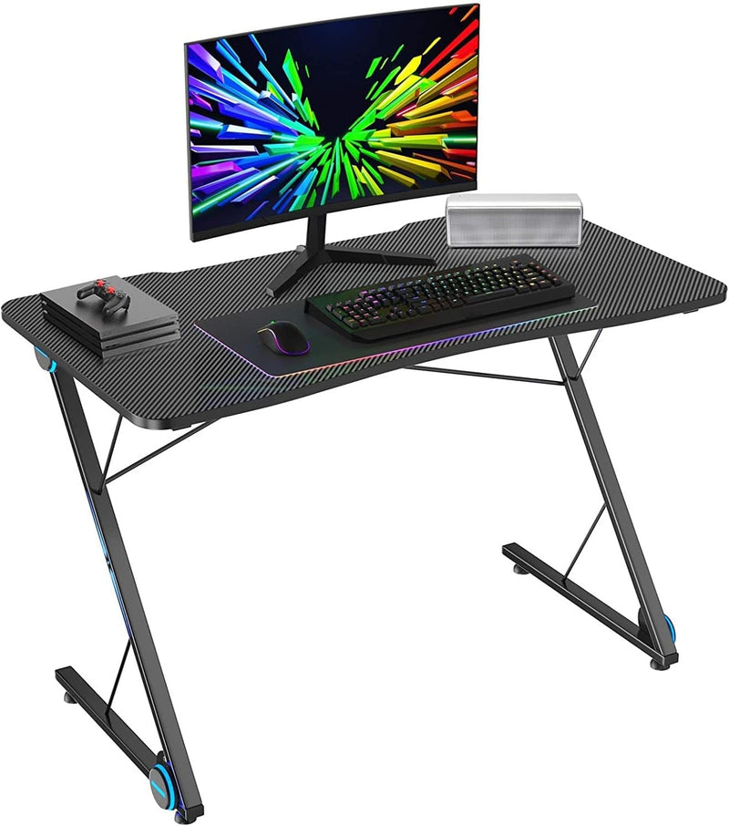 Ergonomic Racing Computer PC Table with 4 LED Lights & Large Desktop, Home Office Z-Shaped Writing Workstation Gamer Teens Adults Gaming Desk, Black