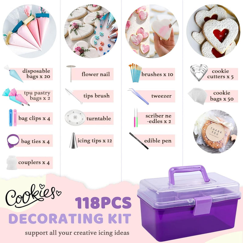 Cookie Decorating Kit 118Pcs with Storage Case, Royal Sugar Piping Bags and Tips Icing Supplies Set, Turntable Scribe Decoration Tools for Kids & Cookie Holiday Christmas Valentine