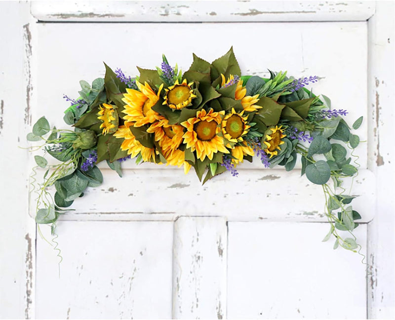 30 Inch Floral Swag, Artificial Flowers Sunflower Eucalyptus Wreath, Fake Flower Wreath Sunflower Swag Garland for Home, Wedding Arch, Front Door, Wall