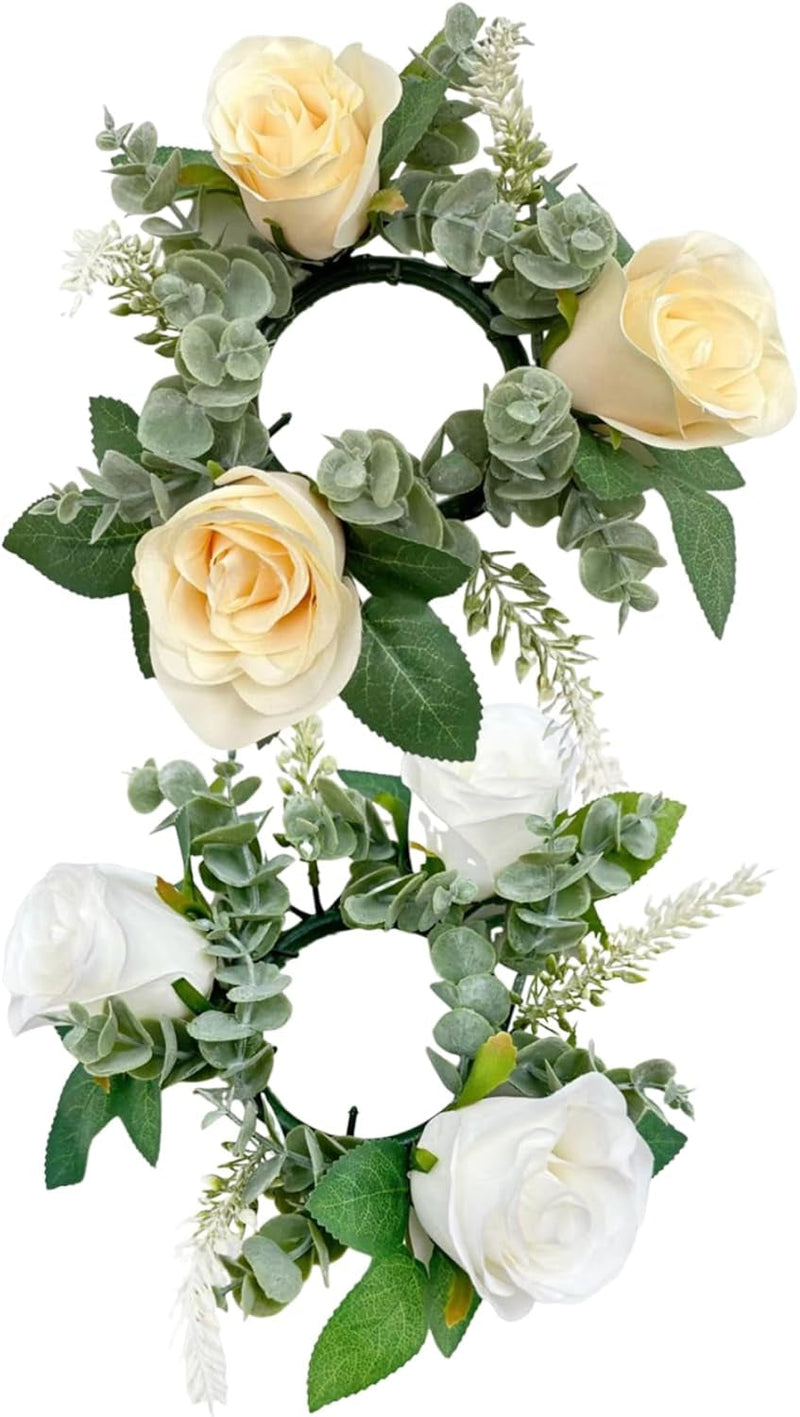 Candle Wreaths Rings 6PCS 7.9 Inch Artificial Rose Floral Candle Rings for Pillars Small Flower Wreath Candle Holder Wedding Centerpieces for Dining Table Decor White, Candle Rings Wreaths