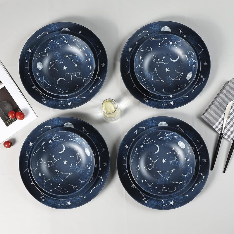 12 Piece Melamine Dinnerware Sets for 4 - Starry Pattern Camping Dishes Set for Indoor and Outdoor Use, Dishwasher Safe Plates and Bowls Sets, Dark Blue