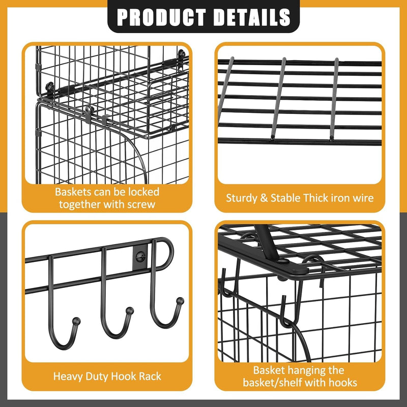 2 Pack Garage Shelves Wall Mounted with Wire Baskets, Heavy Duty Garage Wall Shelving with Hooks, Wire Shelf Baskets Tool Organizer for Home Garden Garage Organization and Storage