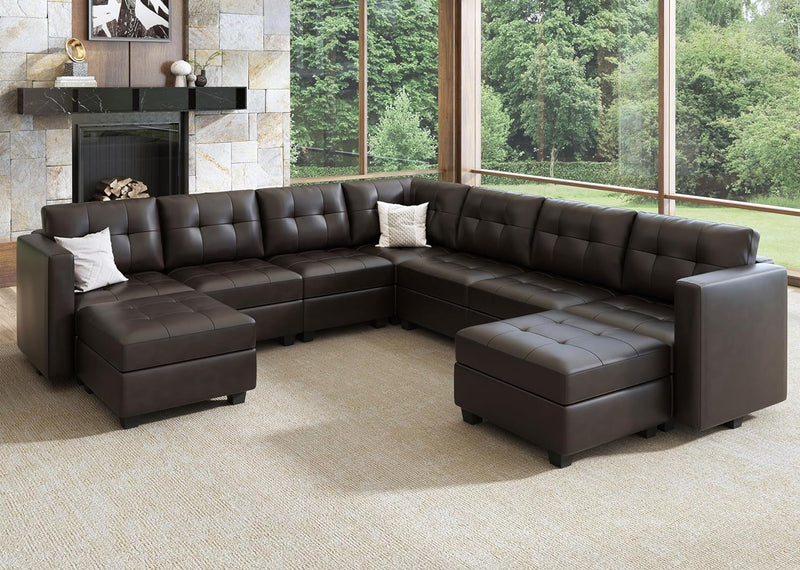 HONBAY Modular Sectional Couch with Storage Oversized U Shaped Couch with Ottomans and Chaises Faux Leather 8-Seater Sectional Sofa for Living Room, Brown