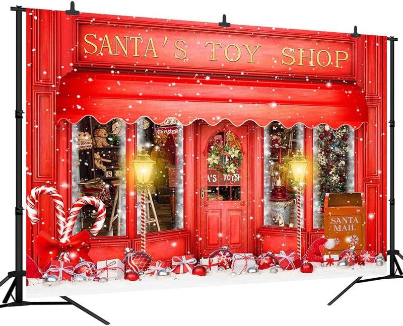 8X6FT Red Christmas Photo Backdrop Santa'S Toy Shop Candy Cane in Snow World Xmas Family Holiday Party Banner Photography Background Supplies Decor Studio Prop