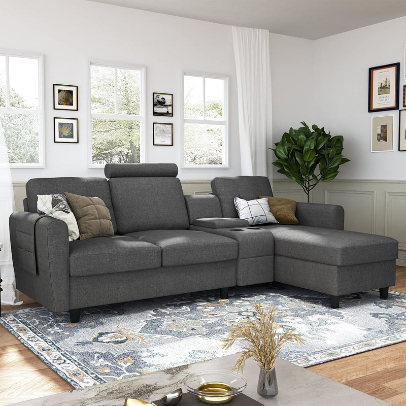 HONBAY Convertible Sectional Couch L Shaped Sofa with Chaise Modern Sectional Sofa with Cup Holders L Shaped Couch for Living Room, Dark Grey