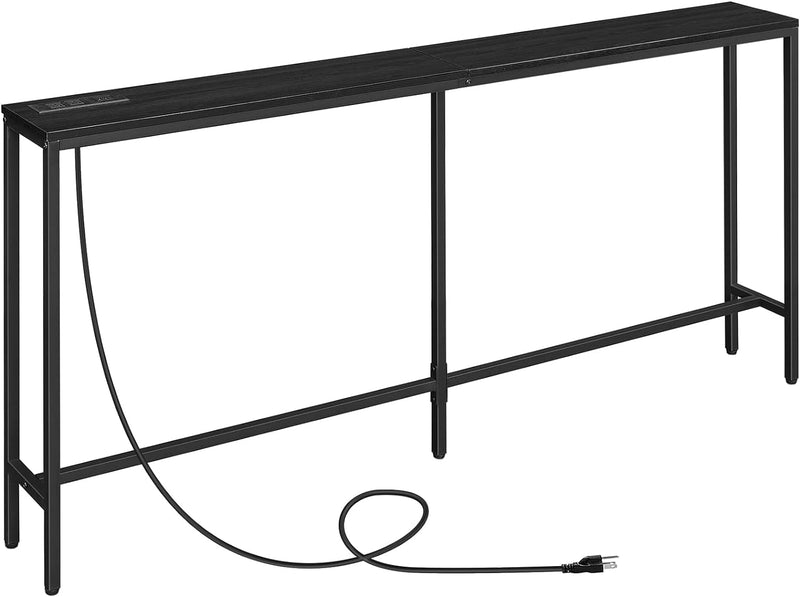 Console Table with Power Outlet, 63" Narrow Sofa Table, Industrial Entryway Table with USB Ports, behind Couch Table for Entryway, Hallway, Foyer, Living Room, Bedroom, Black CTHB16E01