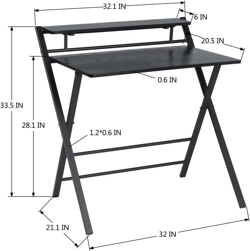 Furniturer 32.1'' Folding Desk, 2 Tier Foldable Writing Table Assembled Saves Space for Home Office Study, Metal Frames/Wood Top Laptop Table Computer Desk, Black