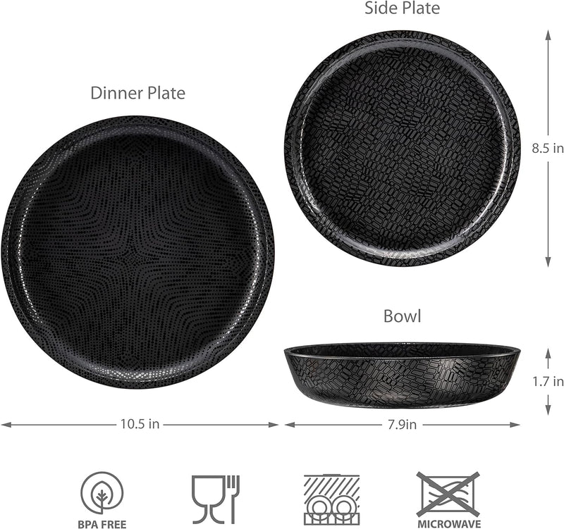 Bzyoo 12 Piece Melamine Dinnerware Set - Durable, Dishwasher Safe Black Plates and Bowls - Casual Dining, Parties, Camping Dish Set Mono Black Collection