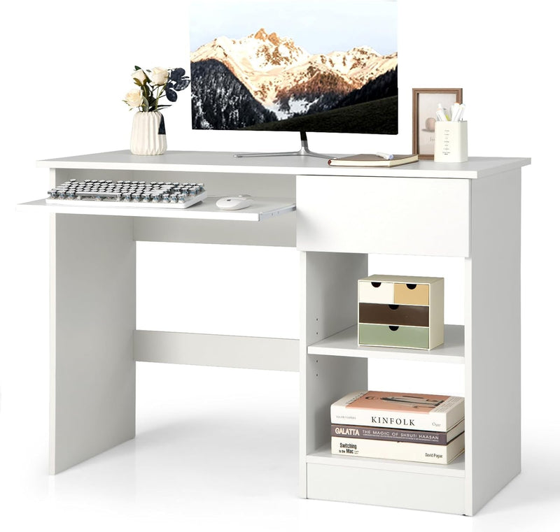 Computer Desk with Keyboard Tray and Drawer, Home Office Desk with Adjustable Shelves & Cable Hole, Modern Vanity Table for Bedroom, Teens Gaming Desk, Writing Study Workstation (White)