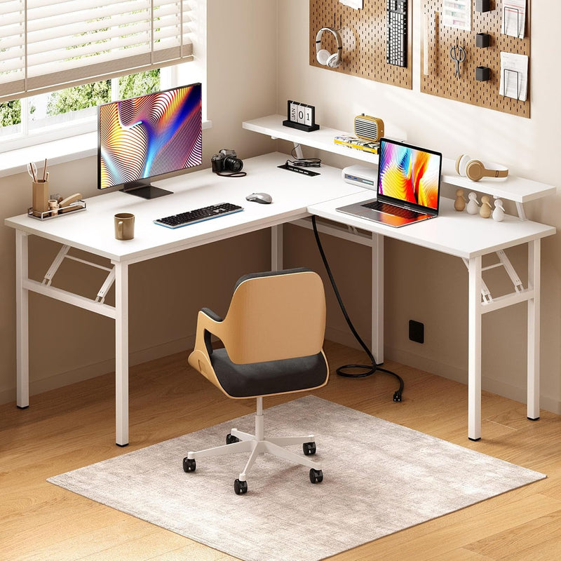 Dlandhome Reversible L-Shaped Desk with Monitor Stand,Led Lighting Computer Desk with Power Outlets,Home Office Table Computer Workstation, White