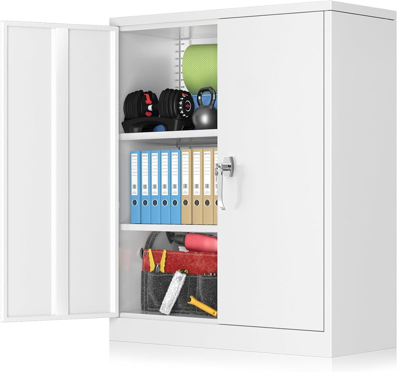 Greenvelly Metal Garage Storage Cabinet, 72” Steel Locking Storage Cabinet with 2 Doors and 4 Adjustable Shelves, Metal Tool Cabinets, Lockable File Cabinets for Home Office, Garage (Gray White)