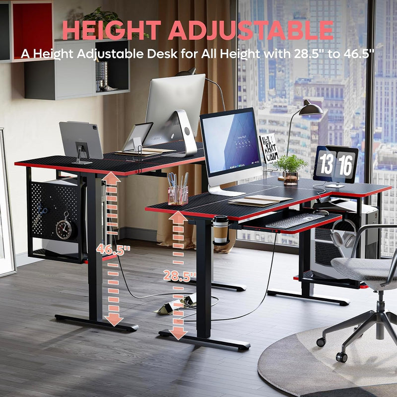 Bestier L Shaped Electric Standing Desk Adjustable Height with Keyboard Tray, Host Shelf & Pegboard (Black 3D Carbon Fiber with Red Edge)