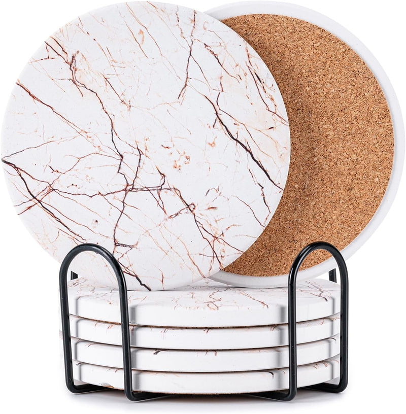 6Pcs Drink Coasters with Holder, Marble Style Ceramic Drink Coaster, Absorbent Coasters Set Suitable for Kinds of Cups, Modern Style Coasters for Coffee Table, 4 Inches