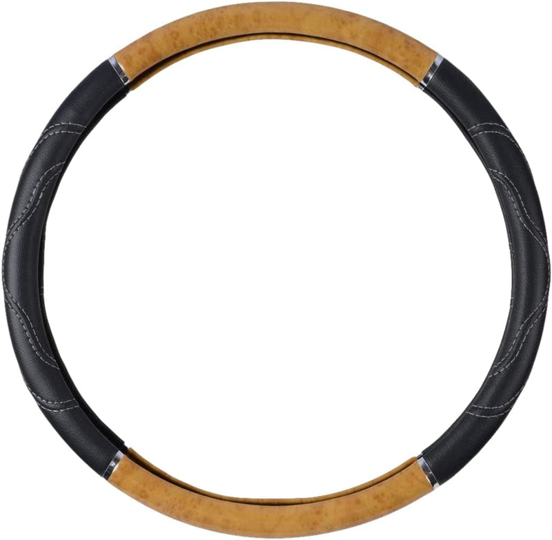 BDK Black/Wood Grain Soft Leather Grip Big Rig Steering Wheel Cover for Trucks 18" Inch Large (Light Wood)