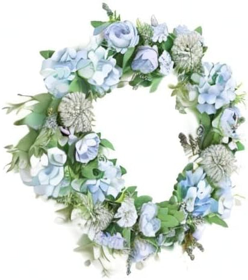 15.7Inch Artificial Light Blue Hydrangea and Peony Floral Spring Wreath Silk Peony Wreath with Green Leaves Welcome Front Door Wreath for Wedding Wall Home Decor