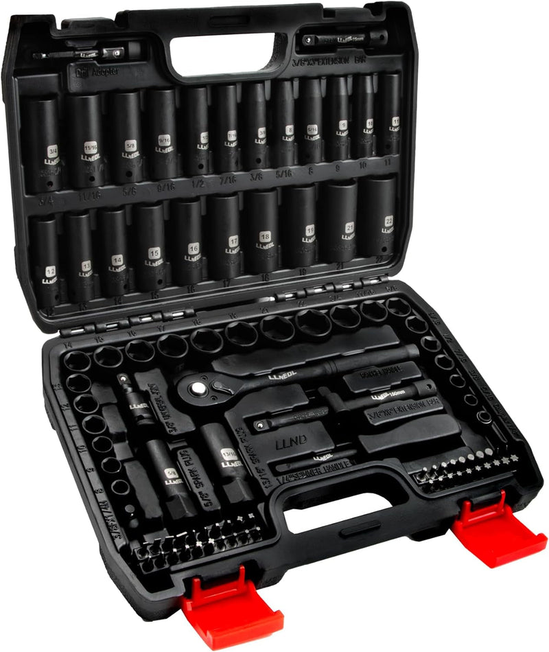 3/8" Drive Impact Socket Set 95Pcs, Spark Plug Socket (5/8", 13/16"), 6 Point Metric & SAE from 5/16"- 3/4", 8-22Mm, CR-V Deep & Shallow Kit with Quick Release Ratchet (72-Tooth) for Home & DIY