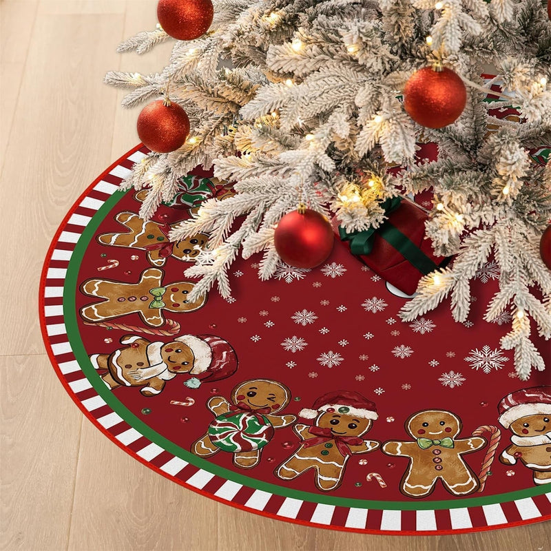 Christmas Tree Skirt 48 Inches, Gingerbread Man Pencil Tree Skirt, Winter Xmas Tree Mat Decorations for Home Party Holiday Decorations