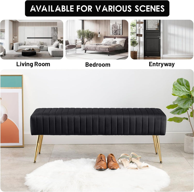 Furniliving 44 Inch Bedroom Bench, Upholstered Tufted Striped Fabric Ottoman Bench with X-Shaped Metal Legs for Living Room, Entryway Solid Wood Indoor Bench for Foyer (Black)