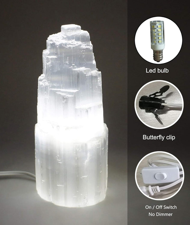 AMOYSTONE 8" Natural Selenite Crystal Lamp White Gemstones Skyscraper Tower Healing Lights Small, Include Led Bulb Switch