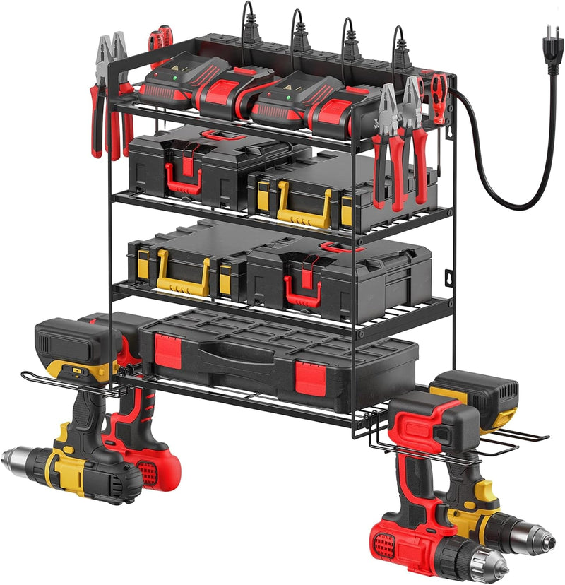 CCCEI Garage Tools Storage with Charging Station. Power Tool Battery Organizer Utility Shelf with Power Strip. 4 Drills Holder Wall Mount Rack, Black.