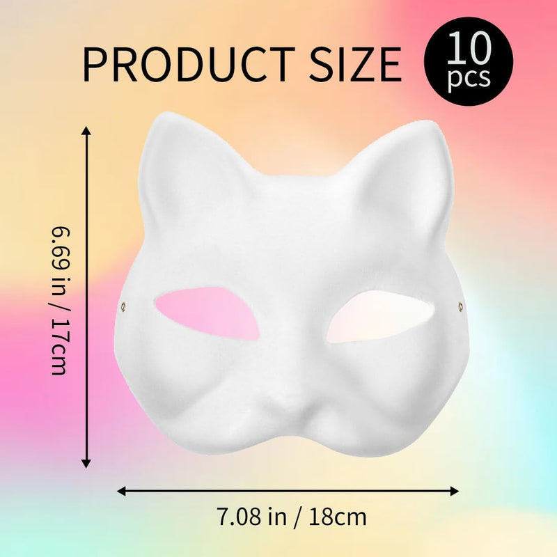 10PCS Cat Mask Therian Masks, White Paper Pulp Blank Cat Masks to Paint Blank Animal Dress up Masks DIY White Masks Half for Masquerade Halloween Kids Cosplay Masks Costume Party Favors