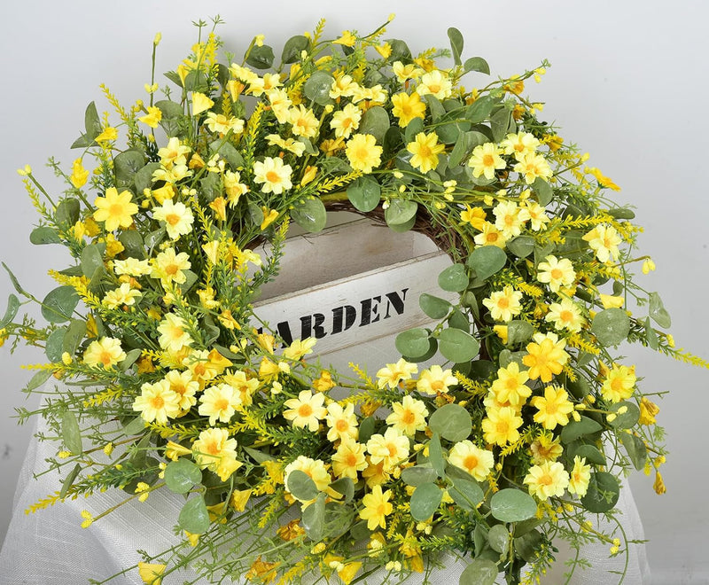 24 Inch Artificial Daisy Flower Spring Wreath with Eucalyptus Green Leaves Wreath Farmhouse Wreath for Front Door Wall Home Party Decorations