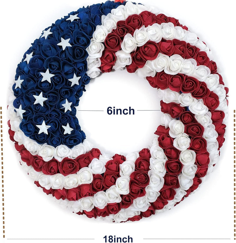 18Inch Patriotic Roses Wreath, 4Th of July Summer Soft Touch Foam Roses Wreath for the Front Door, Handcrafted Memorial Day Artificial Flowers Wreath for Indoor and Outdoor