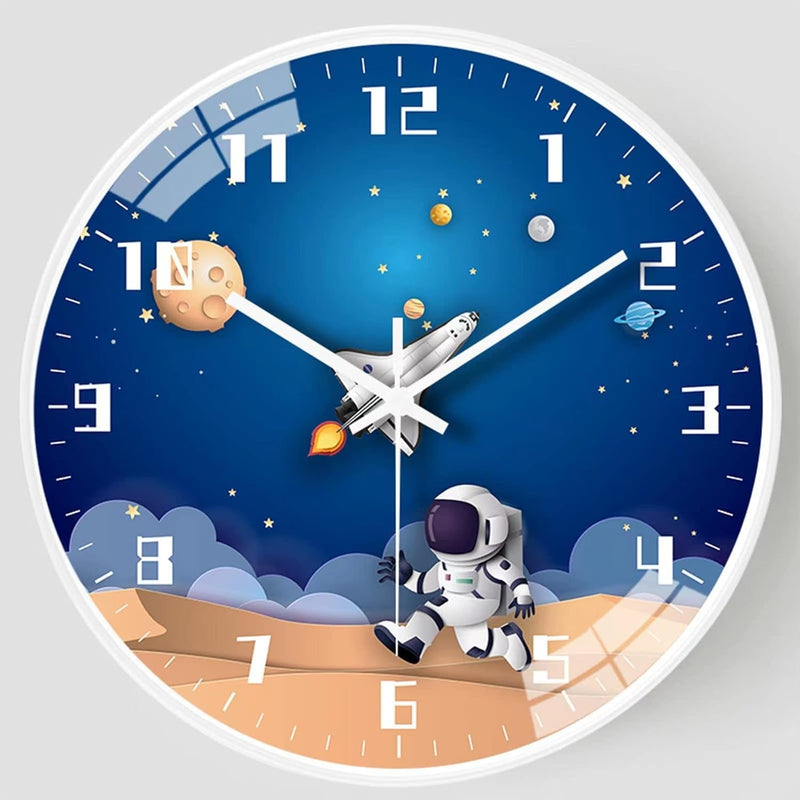 12 Inch Silent Movement Kids Wall Clock, Non Ticking Children round Wall Clock Battery Operated Space Travel Style Decor Children Clock for School Boys Bedroom Living Room Space Decor (Blue)