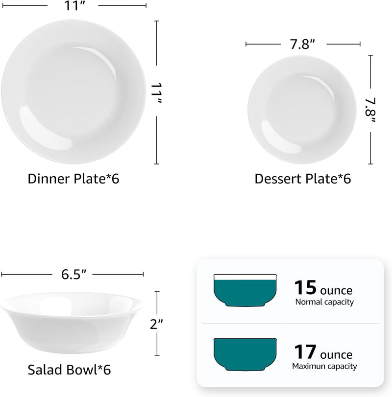 Dinnerware Set, Homeelves 18-PCS Kitchen Opal Dishes Set Service for 6, Lightweight Glass Plates and Bowls Set, Safety for Microwave & Dishwasher, Break and Chip Resistant