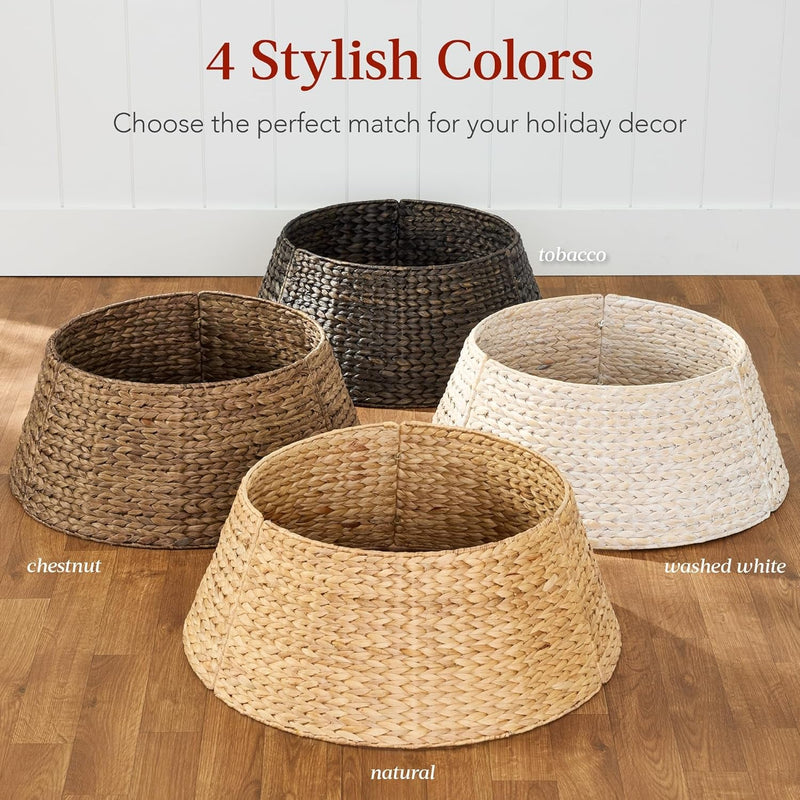 Best Choice Products 42In Christmas Tree Collar, Woven Hyacinth 4-Piece Holiday Rattan Tree Skirt Accessory for Home W/Cord Cut-Out - Chestnut