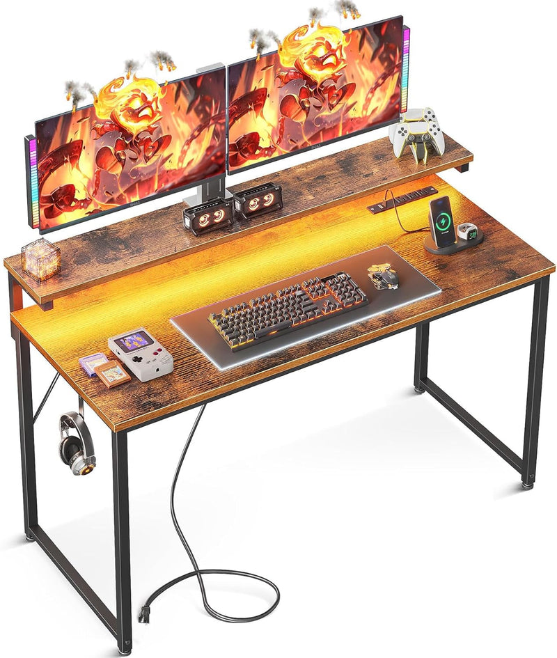 AODK Computer Desk, 48 Inch Gaming Desk with LED Lights and Power Outlet, Office Desk with Adjustable Monitor Shelf (3 Heights), Computer Table Work Desk for Home/Bedroom, Black