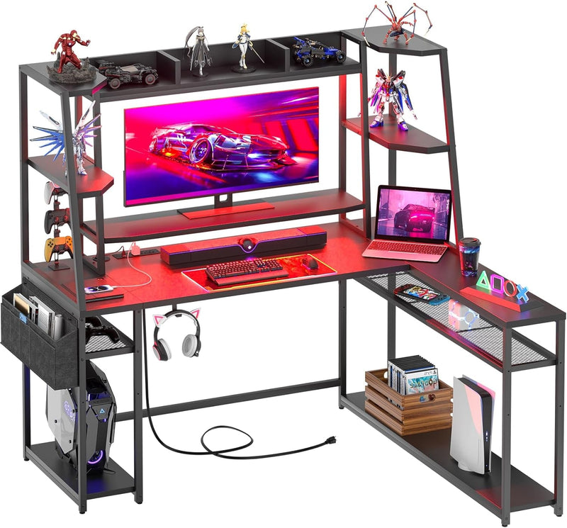 Armocity L Shaped Gaming Desk with Hutch, 63'' L Desk for Gaming with Charger Station, PC Gaming Desk for Gamers with LED Lights, Black Gaming Computer Desk with Shelves, L Shaped Desk with Storage
