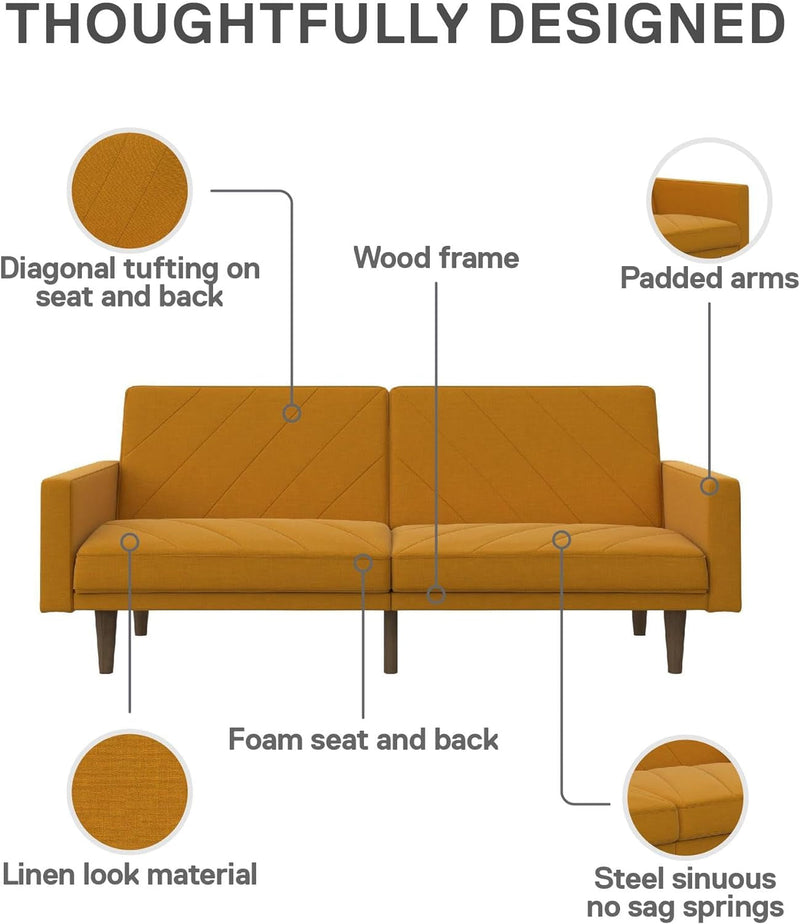 DHP Paxson Convertible Futon Couch Bed with Linen Upholstery and Wood Legs - Mustard