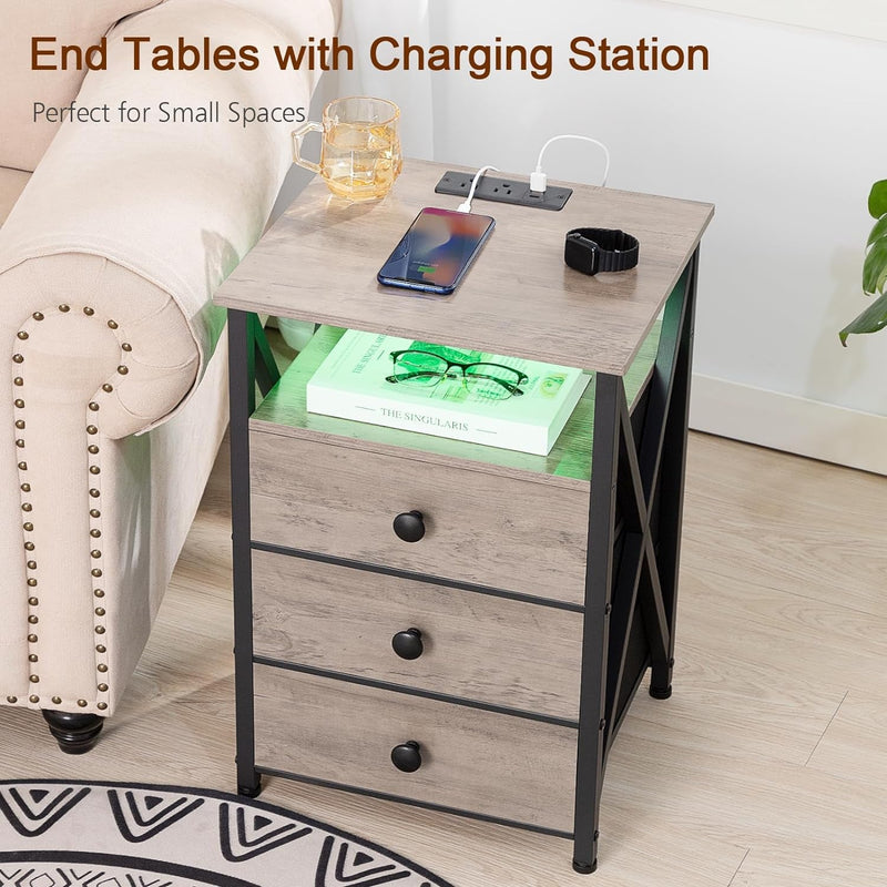 AMHANCIBLE LED Night Stand, Nightstand with Charging Station, Smart End Side Table with USB Port & Power Outlet, Bedside Table with 3 Fabric Drawers for Bedroom, Living Room, Greige HET053LGY1